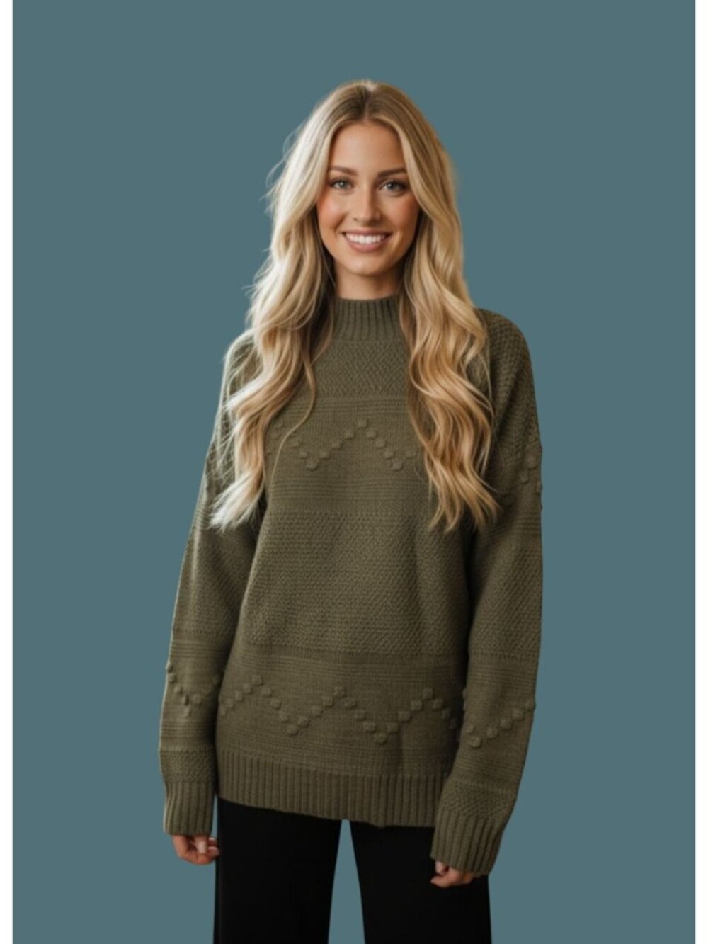 Pink Clover Olive Green Textured Cotton & Acrylic Knit Sweater Women L